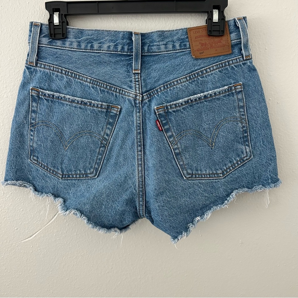 Levis Premium 501 Big E Distressed Button Fly Denim Cut-Off Blue Jean Shorts 27 - Picture 2 of 12